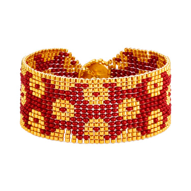 Brazalete Telar Dorado Medio Rondanas Rojo